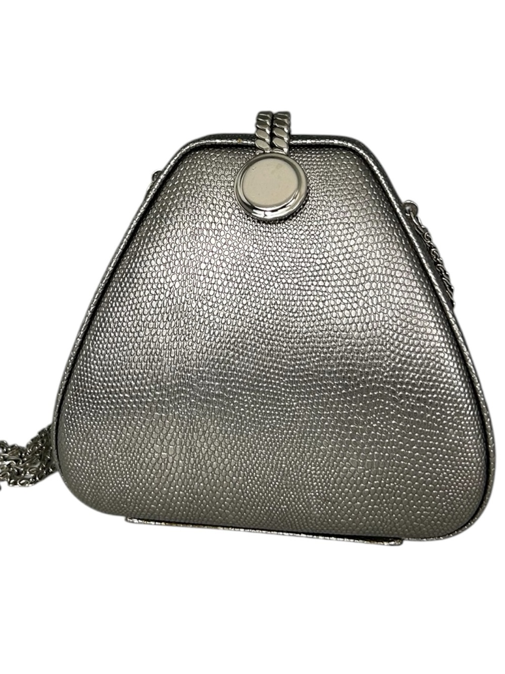 Vintage Farnell Paris 80s Silver Textured Hard Shell Clutch Crossbody Chain